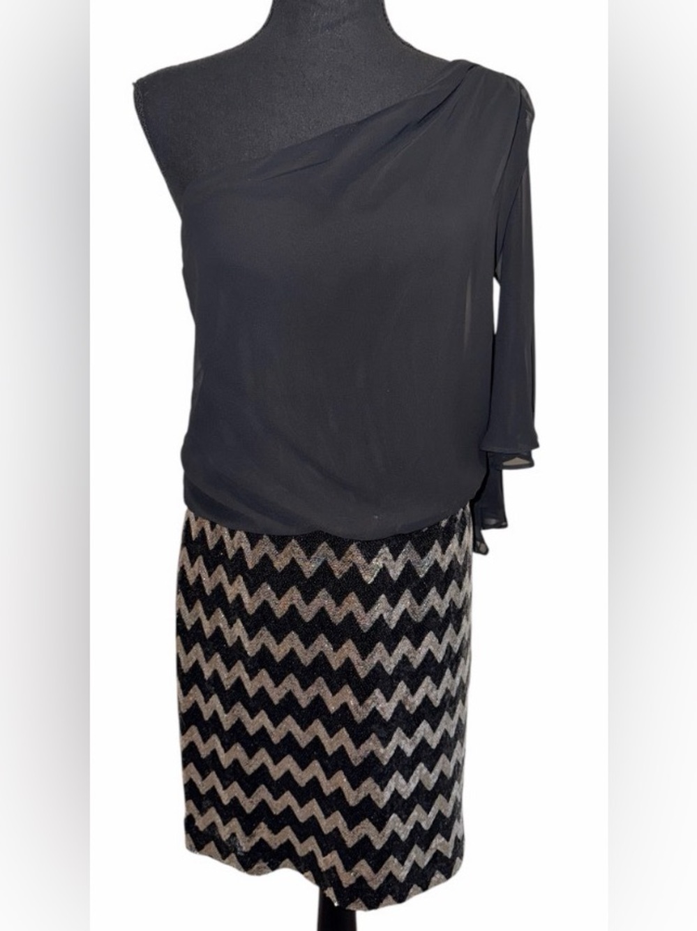 Bisou Bisou Michele Bohbot Women's Black Silver Sequin Chevron Dress Sz 14